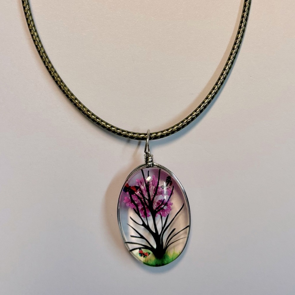 Handmade Lace Dried Flowers Oval Pendant Necklace #5